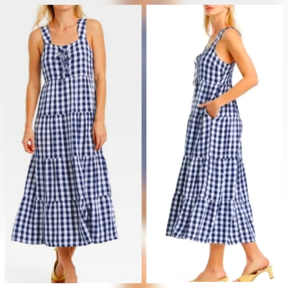 Who What Wear Navy Blue & White Gingham Check Farmhouse Maxi Linen Blend Dress